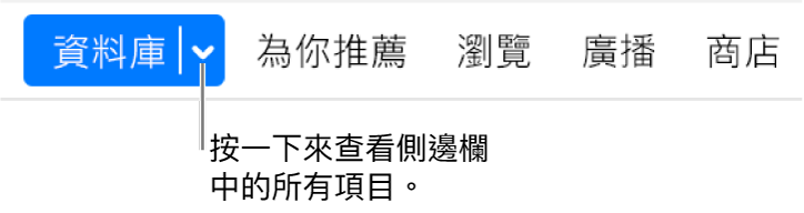 導覽列中的「資料庫」按鈕顯示快顯功能表，隱藏側邊欄時按一下即可存取所有側邊欄項目。