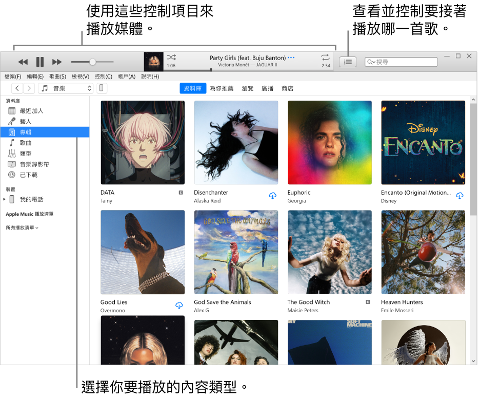 iTunes 資料庫主視窗：在導覽器中，選擇要播放的媒體類型（例如「音樂」）。使用最上方橫幅中的控制項目來播放媒體，以及使用右側的「待播清單」快顯功能表來以不同方式檢視你的資料庫。