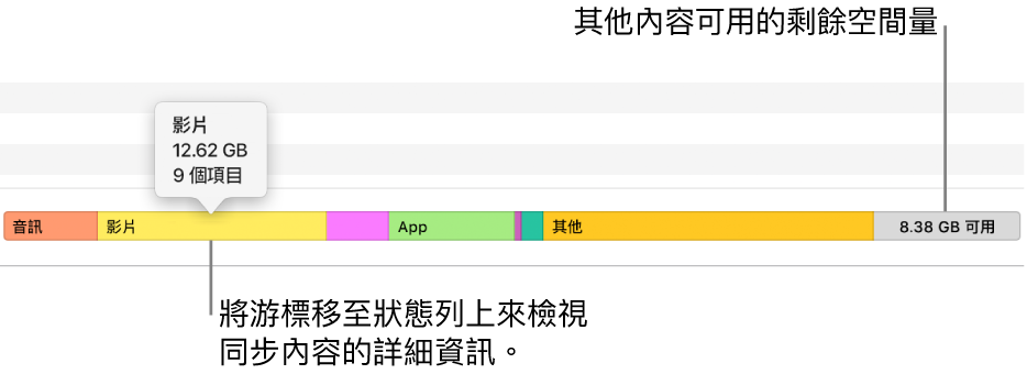 將游標移至視窗底部的狀態列來檢視同步內容的詳細資訊，並查看還剩餘多少空間可容納更多內容。