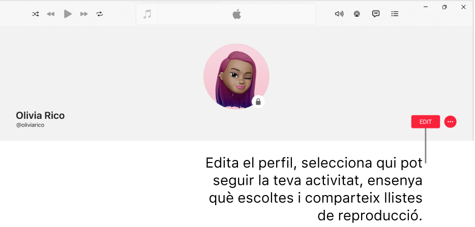 La pàgina de perfil de l’Apple Music: a la banda dreta de la finestra hi ha el botó d’editar, que pots seleccionar per editar el teu perfil, seleccionar qui pot seguir la teva activitat, mostrar què escoltes i compartir llistes de reproducció.