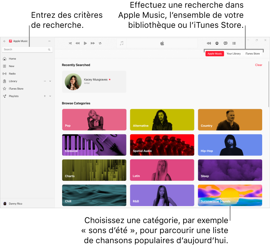 La fenêtre Apple Music, avec le champ de recherche en haut à gauche de la fenêtre, la liste de catégories au centre de la fenêtre et les boutons « Apple Music », « Votre bibliothèque » et « iTunes Store » dans le coin supérieur droit.