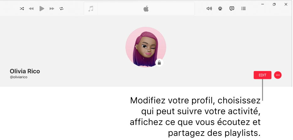 La page de profil dans Apple Music : Sur le côté droit de la fenêtre se trouve le bouton Modifier, qui vous sert à modifier votre profil, choisir qui peut suivre votre activité, afficher ce que vous écoutez et partager des playlists.