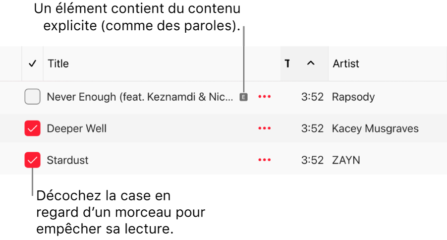 Détail de la liste des morceaux dans Apple Music, avec les cases et un symbole explicite pour le premier morceau indiquant qu’il contient du contenu explicite, comme ses paroles. Décochez la case en regard d’un morceau pour empêcher la lecture de ce dernier.