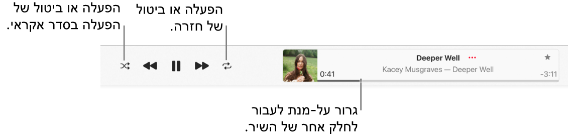 חלון ההפעלה שבו שיר מתנגן. הכפתור ״סדר אקראי״ מופיע בפינה הימנית העליונה; הכפתור ״חזרה״ מופיע מימין לעטיפת האלבום. ציר הזמן מופיע מתחת לשם השיר, בצד שמאל של החלון.