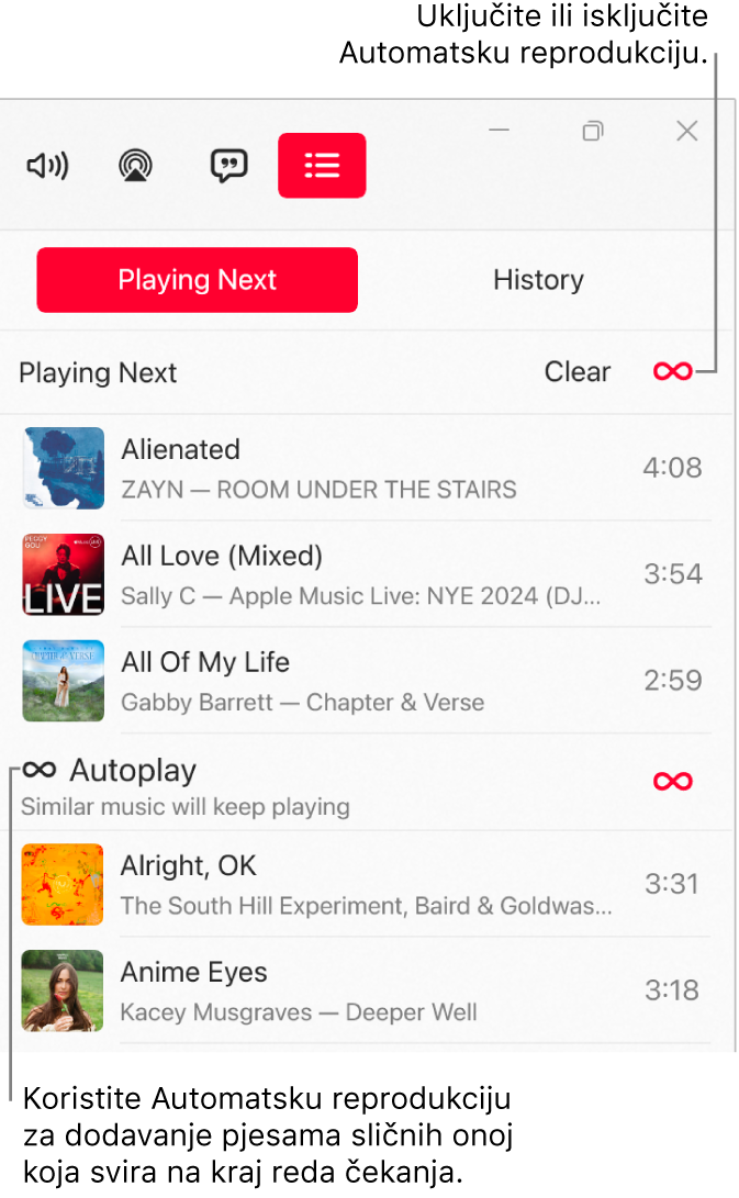 Red Sljedeće s prikazom popisa nadolazećih pjesama i ikona Automatska reprodukcija s desne strane. Odaberite ikonu Automatska reprodukcija za uključivanje i isključivanje. Kada je Automatska reprodukcija uključena, slične se pjesme dodaju na kraj reda.