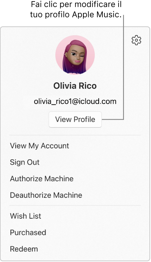 Il menu Profilo è disponibile quando selezioni il tuo nome in basso, rispetto alla barra laterale. La foto dell’utente e l’Account Apple sono in alto. Il pulsante “Visualizza profilo” si trova sotto all‘Apple Account. Il menu delle opzioni include “Visualizza il mio account”, “Autorizza computer” e “Lista dei desideri”.