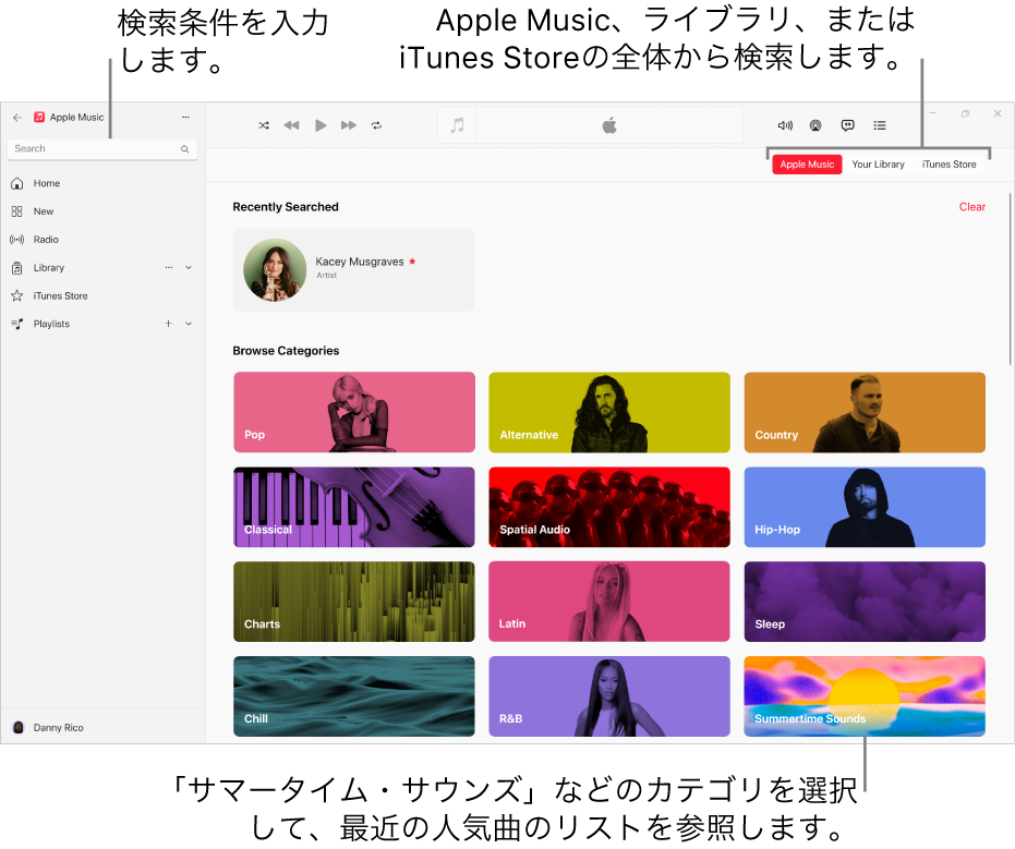 Apple Musicウインドウ。左上隅に検索フィールド、ウインドウの中央にカテゴリのリスト、右上隅にApple Music、ライブラリ、およびiTunes Storeのボタンが表示されています。