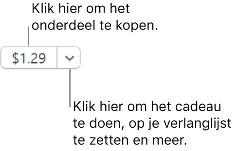 Een knop met een prijs. Selecteer de prijs om het onderdeel te kopen. Selecteer de pijl naast de prijs om het onderdeel bijvoorbeeld aan iemand cadeau te doen of om het aan je verlanglijst toe te voegen.