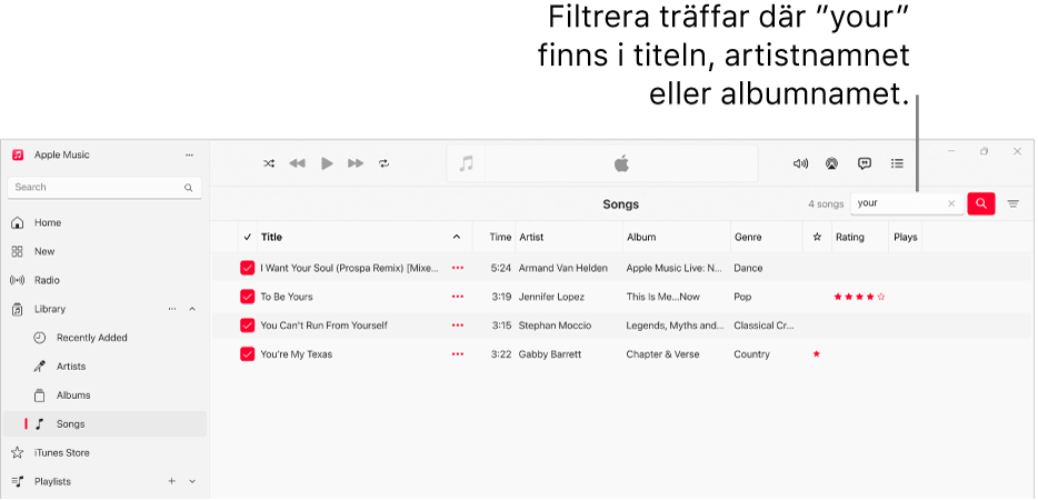 Apple Music-fönstret som visar listan med låtar som visas när ”love” anges i filterfältet i det övre högra hörnet. Låtarna i listan har ordet ”love” i låtens, artistens eller albumets namn.