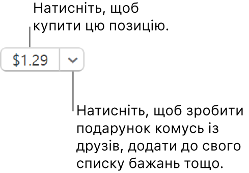 Кнопка, на якій показано ціну. Виберіть ціну, щоб купити елемент. Виберіть стрілку біля ціни, щоб подарувати елемент другові, додати його до списку бажань тощо.