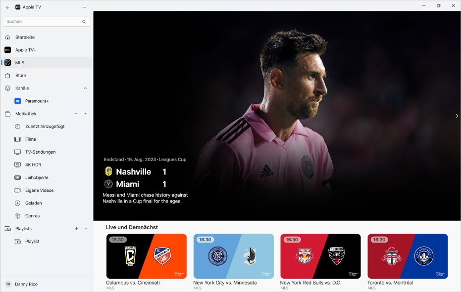 Das Fenster der Apple TV App mit dem geöffneten Bereich „MLS“.