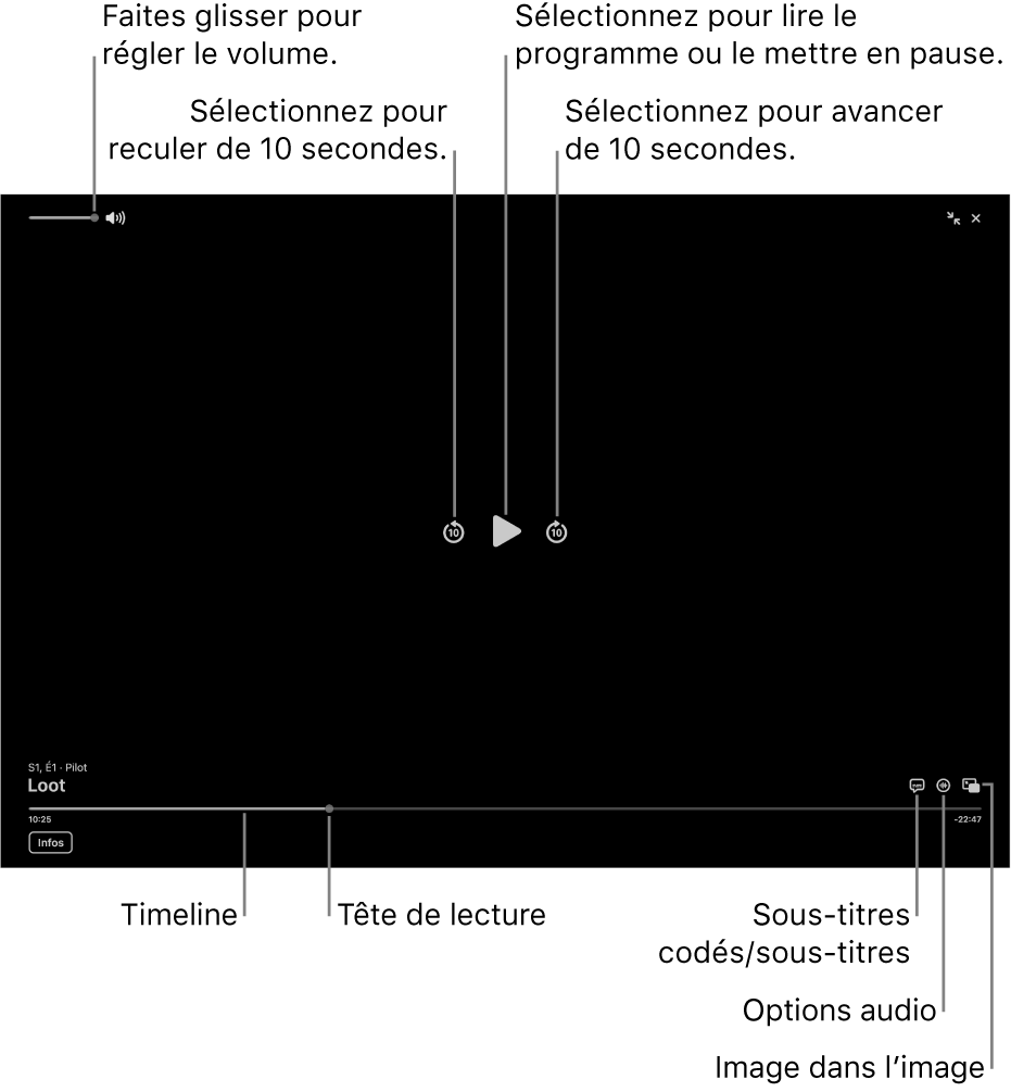 Commandes de lecture dans le visualiseur, notamment les boutons de lecture ou de pause, pour avancer ou reculer, et pour ajuster le volume.