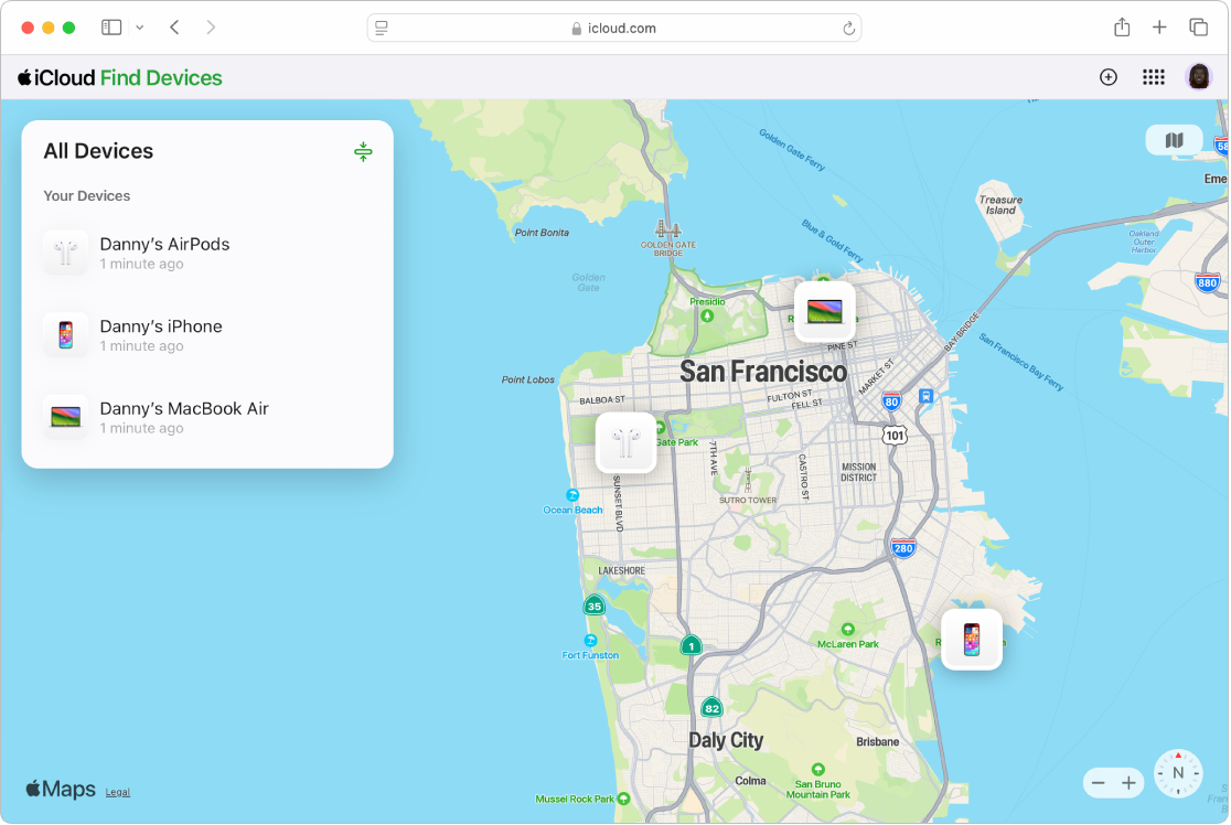 Find Devices on iCloud.com open in Safari on a Mac. The locations of two devices are shown on a map of San Francisco.