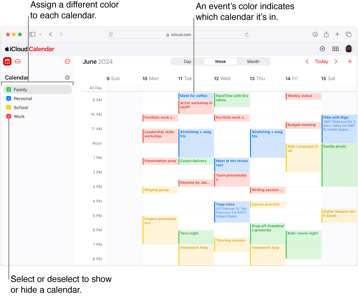 The Calendar window on iCloud.com, with several calendars visible. The calendars are assigned different colors, and an event’s color indicates which calendar it’s in.