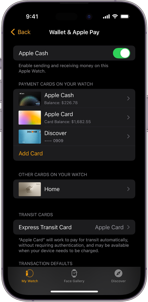 شاشة iPhone تعرض إعدادات Wallet وApple Pay في تطبيق Apple Watch.