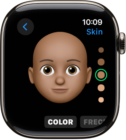 Приложението Memoji на Apple Watch, показващо екрана за редактиране на носа. Има близък план на лицето, в центъра е областта около носа. В долния край се появява думата Color (Цвят).