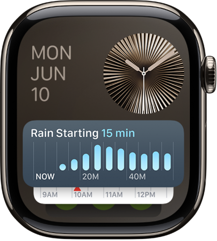 Der Smart-Stapel der Apple Watch zeigt das Widget „Timer“ an vorderster Stelle sowie zwei andere Widgets dahinter.