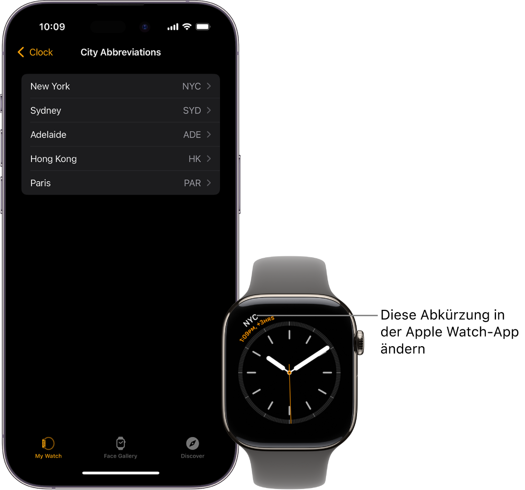 Ein iPhone neben einer Apple Watch. Das Apple Watch-Display zeigt die Uhrzeit in New York und verwendet dabei die Abkürzung NYC. Der iPhone-Bildschirm mit der Liste der Städte in den Einstellungen für „Uhr“ in der Apple Watch-App.