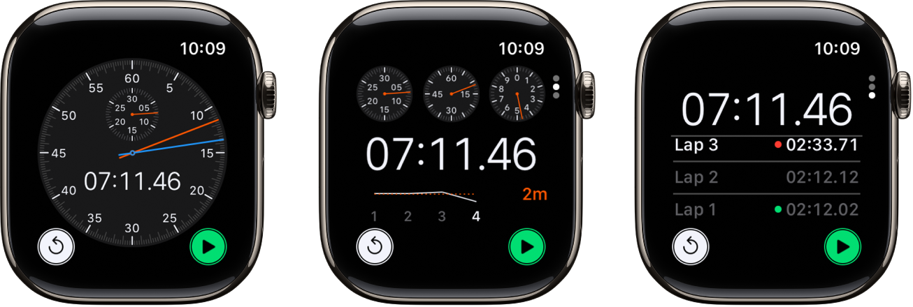 Three kinds of stopwatches in the Stopwatch app: An analog stopwatch, a hybrid stopwatch that shows time in both analog and digital forms, and a digital stopwatch with a lap counter. Each watch has start and reset buttons.