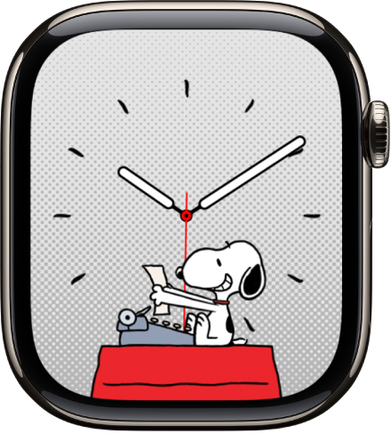 The Snoopy watch face showing Snoopy smiling at a typewriter.