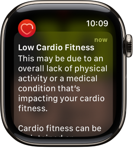 A Heart Rate alert, indicating low cardio fitness.