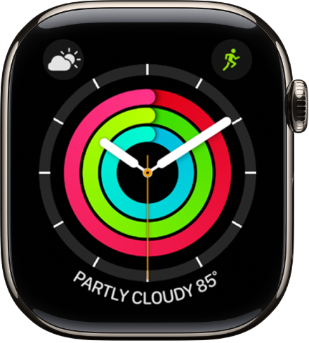 The Activity Analog watch face showing the time as well as Move, Exercise, and Stand goal progress. There are also three complications: Weather at the top left, Workout at the top right, and Weather Conditions at the bottom.