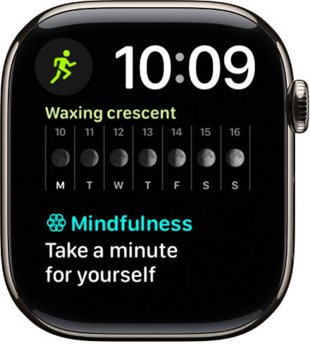 The Modular Duo watch face showing a digital clock near the top right, and three complications: Workout at the top left, Moon Phase in the middle, and Mindfulness at the bottom.