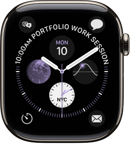 The Infograph watch face showing complications in each corner and four subdials in the middle.