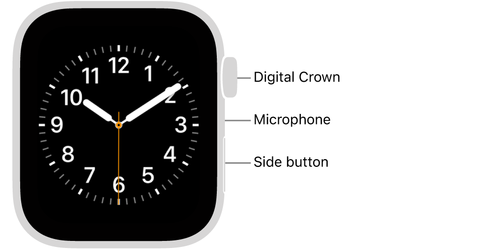 The front of Apple Watch Series 6, with the display showing the watch face, and the Digital Crown, microphone, and side button from top to bottom on the side of the watch.