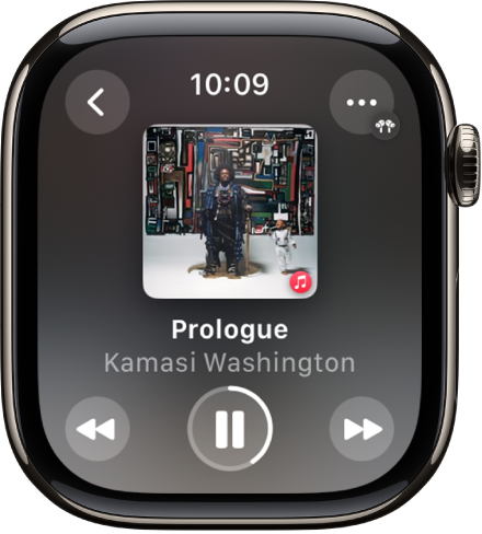 The Now Playing screen showing album art, song title, and artist name below. Play controls are in the middle. The More Options button is at the top right. A Back button is at the top left.