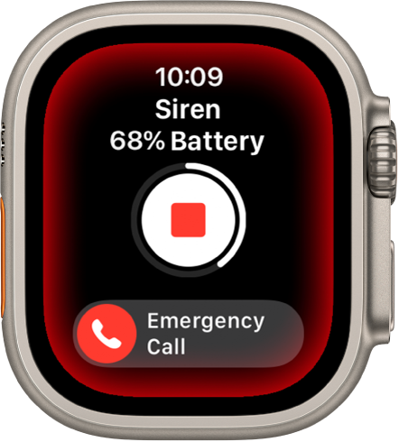 Siren counting down. Near the top is the battery charge, in the middle is a Play button, and at the bottom is the Emergency Call slider.