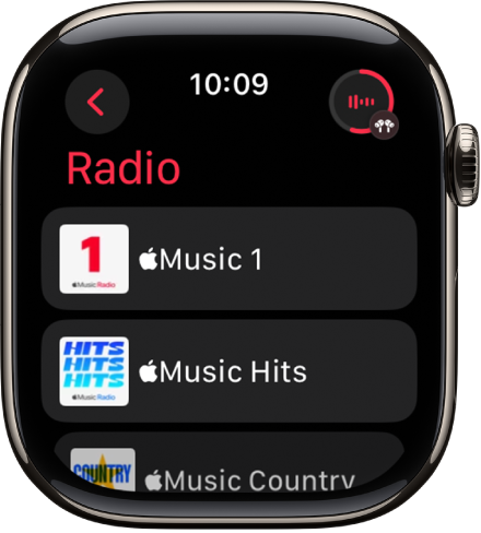 La pantalla Radio mostrando tres estaciones de Apple Music. El botón Ahora suena está en la esquina superior derecha. El botón Atrás está en la esquina superior izquierda.