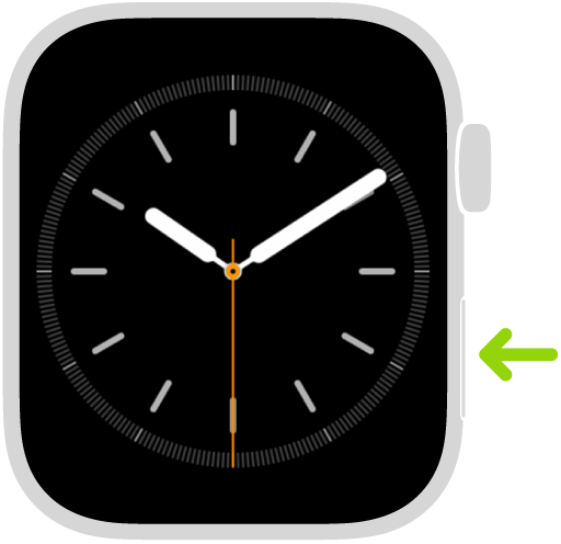 Ilustración del Apple Watch con una flecha apuntando al botón lateral en la parte inferior derecha.