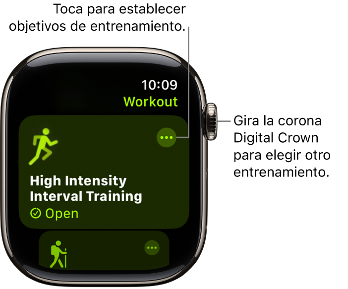 La pantalla Entrenamiento que muestra resaltado un entrenamiento de intervalos de alta intensidad. Hay un botón Más en la esquina superior derecha del recuadro Entrenamiento.