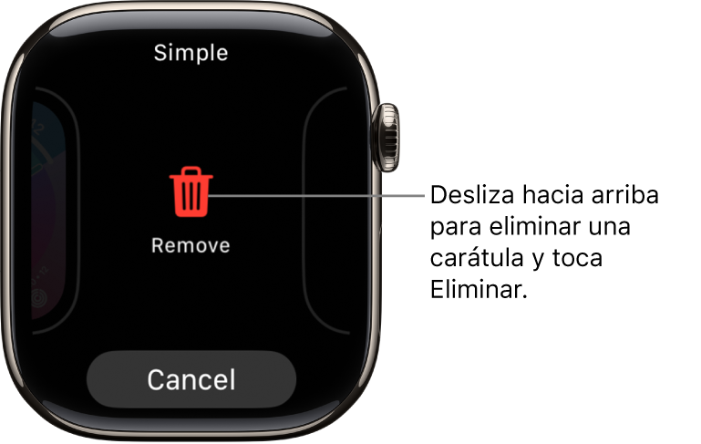 La pantalla del Apple Watch mostrando los botones Eliminar y Cancelar, que aparecen una vez que se desplaza hasta una carátula y se desliza hacia arriba para eliminarla.