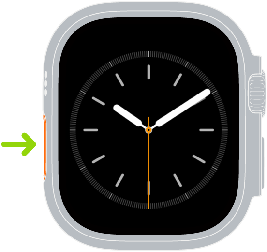 Illustration de l’Apple Watch avec une flèche pointant vers le bouton Action sur la gauche.