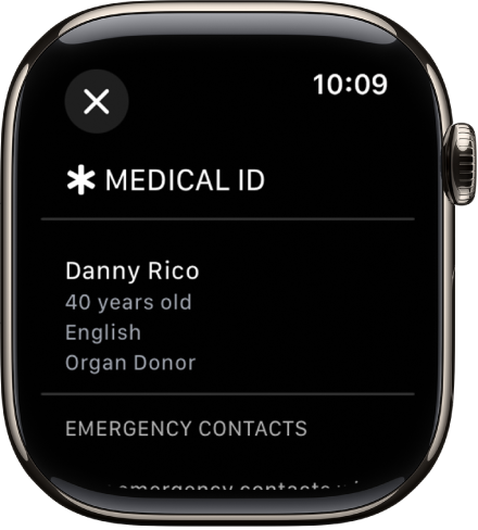 Écran Fiche médicale sur l’Apple Watch affichant le nom, l’âge, la langue, le statut de donneur d’organes et les contacts d’urgence de la personne.