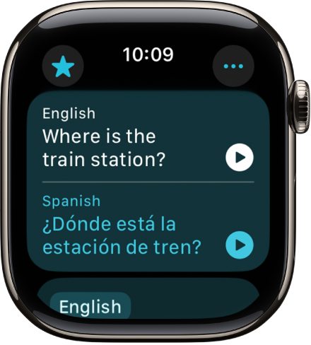 Una schermata dell’app Traduci con una frase in inglese in alto e la traduzione in spagnolo in basso.