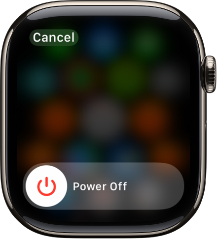 「電源オフ」スライダが表示されているApple Watchの画面。スライダをドラッグすると、Apple Watchの電源が切れます。