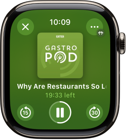 팟캐스트 앱의 중앙에 표시된 지금 재생 중 화면에 앨범 표지, 에피소드 제목 및 남은 시간이 있음. 화면 하단에 뒤로 건너뛰기, 재생/일시 정지 및 앞으로 건너뛰기 버튼이 있음. 오른쪽 상단에는 추가 옵션 버튼이 있고, 왼쪽 상단에는 닫기 버튼이 있음.