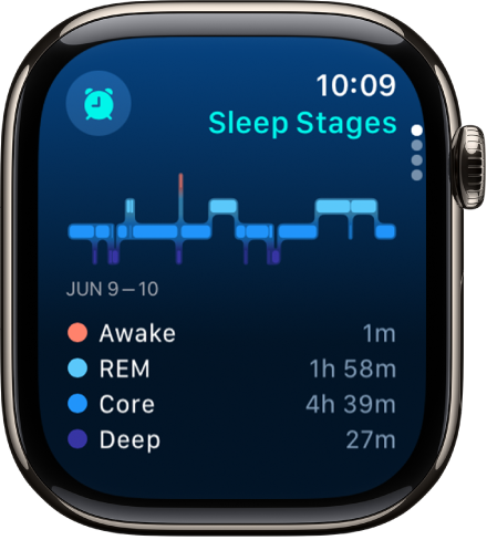 De Slaap-app, met een schatting van hoelang je wakker bent geweest en hoelang je remslaap, kernslaap en diepe slaap zijn geweest.