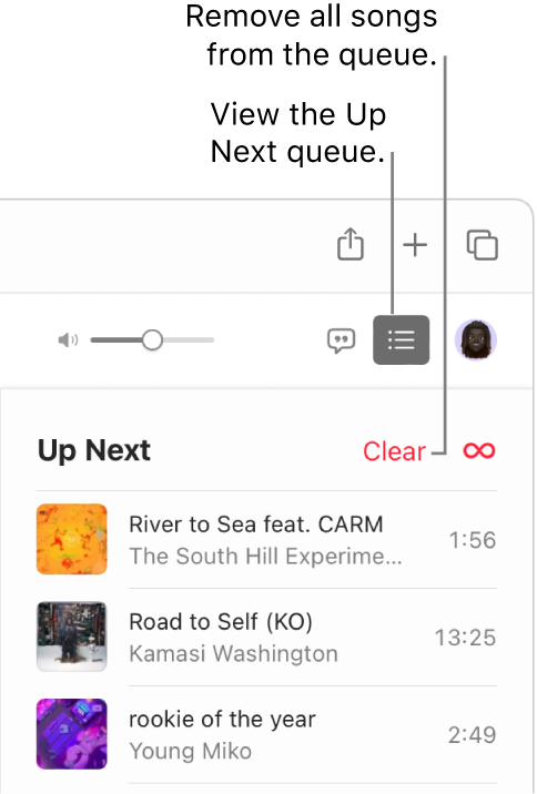 The Up Next button at the top-right corner of Apple Music is selected and the queue is visible. Click the Clear link at the top of the list to remove all songs from the queue.