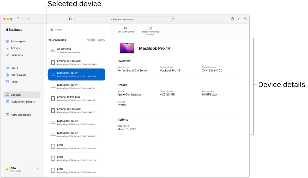 La finestra di Apple Business Manager in cui è stata selezionata la voce Dispositivi nella barra laterale. Dopo la selezione del dispositivo, vengono visualizzate le relative informazioni.