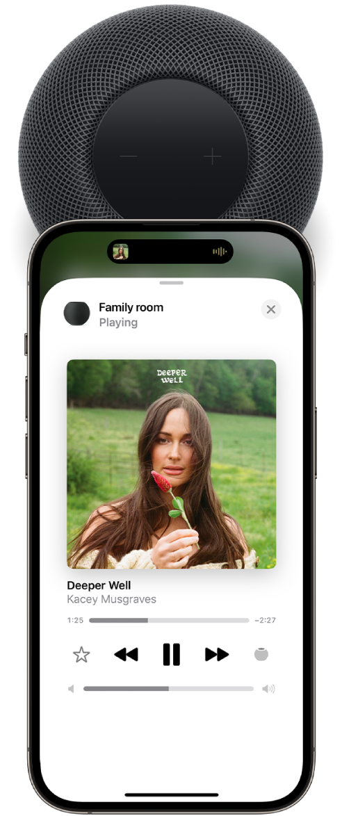 An iPhone near the top of HomePod. The iPhone screen shows a song playing, and the song has been transferred to HomePod.
