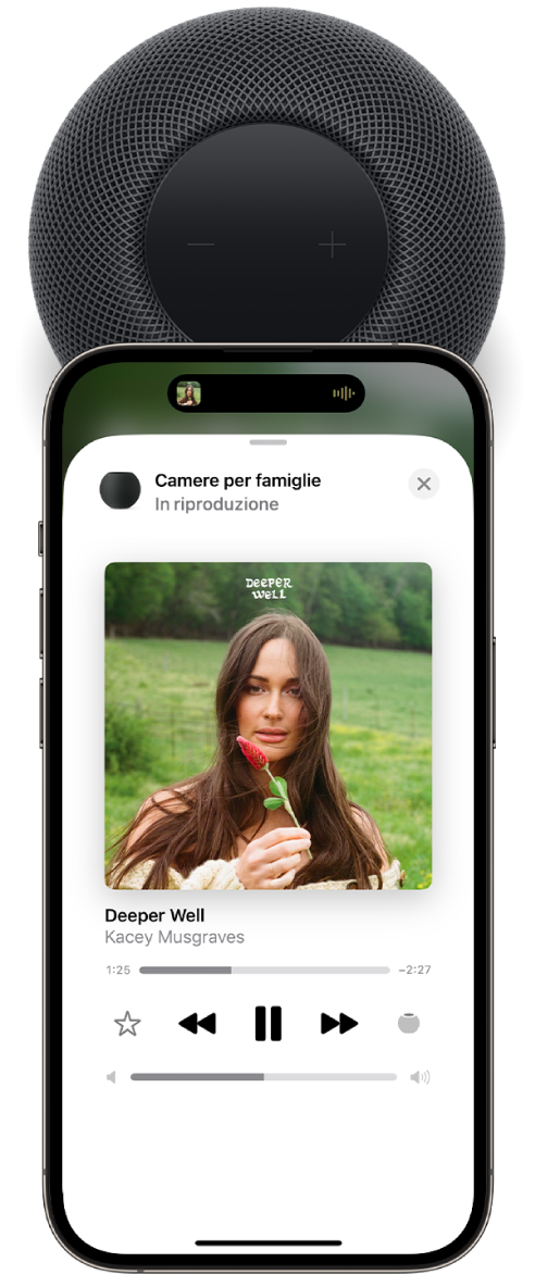 iPhone vicino alla parte superiore di HomePod. Lo schermo di iPhone mostra un brano in riproduzione e il brano è stato trasferito su HomePod.