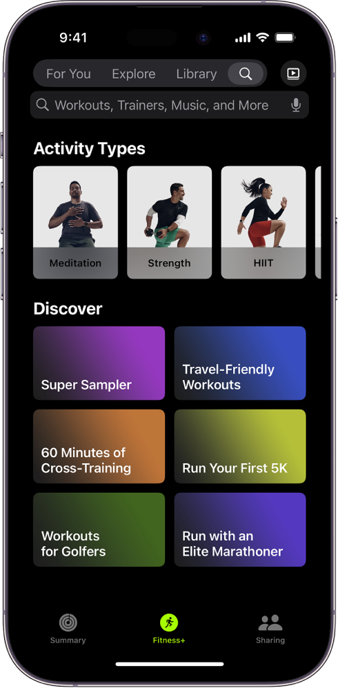 The Search screen in Apple Fitness+ showing a search field at the top. The Activity Types section below shows featured activity types. The Discover section below shows six categories.