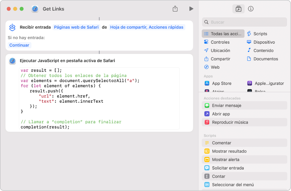 La acción Ejecutar JavaScript en página web en el editor de atajos.