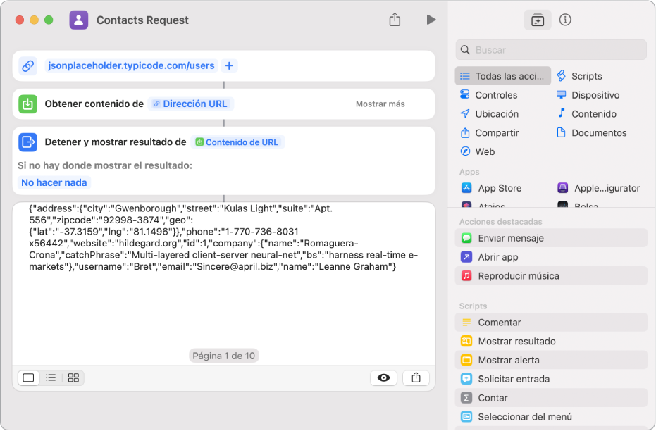 Resultados del atajo de solicitud de la API de Typicode mostrando una lista de usuarios.