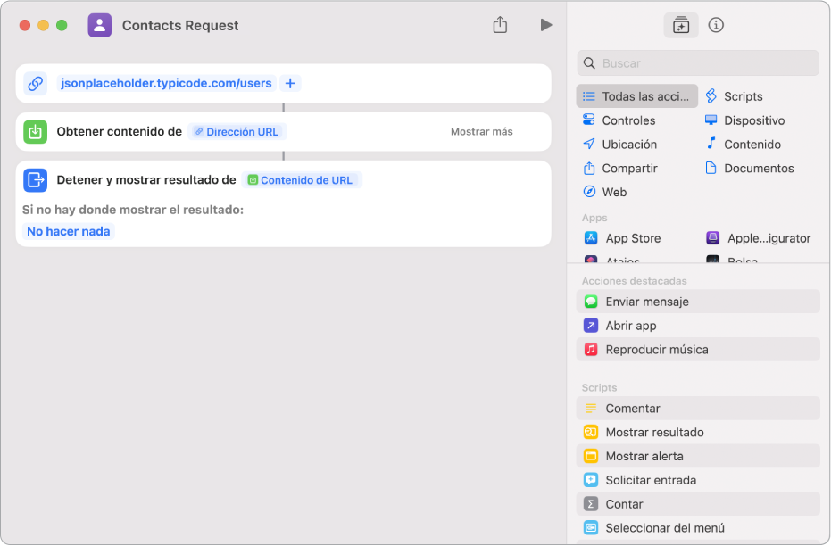 Una solicitud de API que contiene una acción Dirección URL que apunta al final de la API, seguida de una acción Obtener contenido de URL.