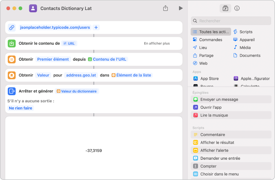 Action « Obtenir la valeur du dictionnaire » dans l’éditeur de raccourcis avec la clé définie sur « address.geo.lat ».